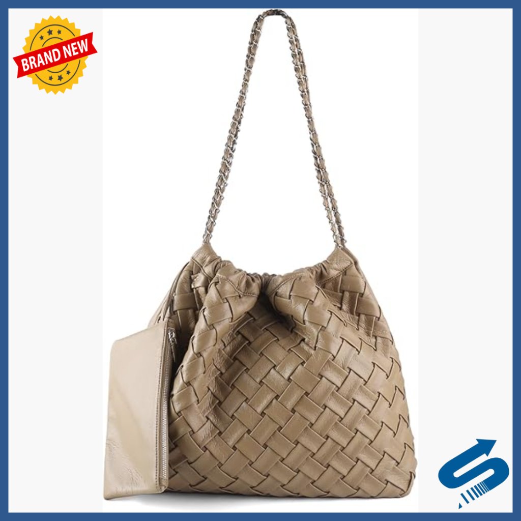 Large Woven Vegan Leather Hobo Tote Bag With Shoulder Strap